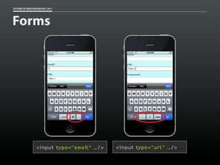 FUTURE OF WEB DESIGN NYC 2011




Forms




                <input type="email" …/>   <input type="url" …/>
 