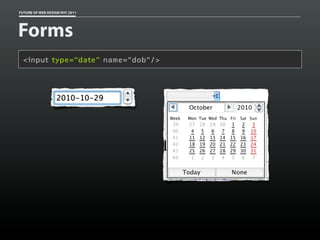 FUTURE OF WEB DESIGN NYC 2011




Forms
 <input type="date" name="dob"/>
 