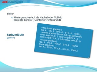 Bisher:
      Hintergrundverlauf als Kachel oder Vollbild
         (belegte bereits 1 Container-Hintergrund)




Farbverläufe
(gradient)
 