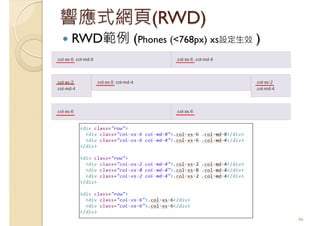 響應式網頁(RWD)
RWD範例 (Phones (<768px) xs設定生效 )
46
 