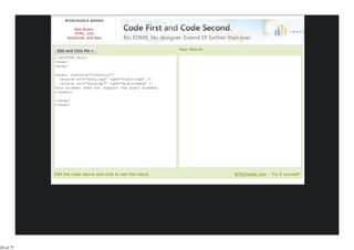 W3SCHOOLS BOOKS

                     New Books:
                     HTML, CSS
                 JavaScript, and Ajax


                                                              Your Result:
           <!DOCTYPE html>
           <html>
           <body>

           <audio controls="controls">
             <source src="song.ogg" type="audio/ogg" />
             <source src="song.mp3" type="audio/mpeg" />
           Your browser does not support the audio element.
           </audio>

           </body>
           </html>




           Edit the code above and click to see the result.                  W3Schools.com - Try it yourself




20 of 77
 