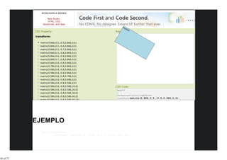 W3SCHOOLS BOOKS

                     New Books:
                     HTML, CSS
                 JavaScript, and Ajax
                                                                         my
                                                                           DI
                                                                             V
           CSS Property:                                            Result:
           transform:

               matrix(0.866,0.5,-0.5,0.866,0,0)
               matrix(0.866,0.5,-0.6,0.866,0,0)
               matrix(0.866,0.5,-0.7,0.866,0,0)
               matrix(0.866,0.5,-0.8,0.866,0,0)
               matrix(0.866,0.6,-0.8,0.866,0,0)
               matrix(0.866,0.7,-0.8,0.866,0,0)
               matrix(0.866,0.8,-0.8,0.866,0,0)
               matrix(0.786,0.8,-0.8,0.866,0,0)
               matrix(0.686,0.8,-0.8,0.866,0,0)
               matrix(0.586,0.8,-0.8,0.866,0,0)
               matrix(0.586,0.8,-0.8,0.786,0,0)
               matrix(0.586,0.8,-0.8,0.686,0,0)
               matrix(0.586,0.8,-0.8,0.586,0,0)
               matrix(0.586,0.8,-0.8,0.586,10,0)                    CSS Code:
               matrix(0.586,0.8,-0.8,0.586,20,0)                     #myDIV
               matrix(0.586,0.8,-0.8,0.586,30,0)                     {
                                                                     background-color:lightblue;
               matrix(0.586,0.8,-0.8,0.586,40,0)
                                                                     transform:matrix(0.866,0.5,-0.5,0.866,0,0);
               matrix(0.586,0.8,-0.8,0.586,40,10)




                #transformedObject {
                         transform: matrix(0.9, -0.05, -0.375, 1.375, 220, 20);

                           }




30 of 77
 