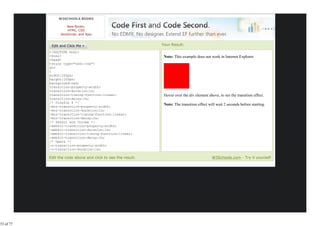 W3SCHOOLS BOOKS

                     New Books:
                     HTML, CSS
                 JavaScript, and Ajax


                                                              Your Result:
           <!DOCTYPE html>
           <html>                                              Note: This example does not work in Internet Explorer.
           <head>
           <style type="text/css">
           div
           {
           width:100px;
           height:100px;
           background:red;
           transition-property:width;
           transition-duration:1s;
           transition-timing-function:linear;                  Hover over the div element above, to see the transition effect.
           transition-delay:2s;
           /* Firefox 4 */
           -moz-transition-property:width;
                                                               Note: The transition effect will wait 2 seconds before starting.
           -moz-transition-duration:1s;
           -moz-transition-timing-function:linear;
           -moz-transition-delay:2s;
           /* Safari and Chrome */
           -webkit-transition-property:width;
           -webkit-transition-duration:1s;
           -webkit-transition-timing-function:linear;
           -webkit-transition-delay:2s;
           /* Opera */
           -o-transition-property:width;
           -o-transition-duration:1s;
           -o-transition-timing-function:linear;
           Edit the code above and click to see the result.                                  W3Schools.com - Try it yourself




33 of 77
 