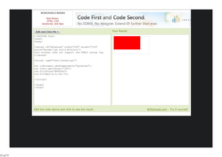 W3SCHOOLS BOOKS

                     New Books:
                     HTML, CSS
                 JavaScript, and Ajax


                                                                 Your Result:
           <!DOCTYPE html>
           <html>
           <body>

           <canvas id="myCanvas" width="200" height="100"
           style="border:1px solid #c3c3c3;">
           Your browser does not support the HTML5 canvas tag.
           </canvas>

           <script type="text/javascript">

           var c=document.getElementById("myCanvas");
           var ctx=c.getContext("2d");
           ctx.fillStyle="#FF0000";
           ctx.fillRect(0,0,150,75);

           </script>

           </body>
           </html>




           Edit the code above and click to see the result.                     W3Schools.com - Try it yourself




57 of 77
 