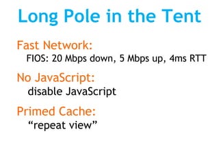 Long Pole in the Tent
Fast Network:
 FIOS: 20 Mbps down, 5 Mbps up, 4ms RTT

No JavaScript:
 disable JavaScript
Primed Cache:
 “repeat view”
 