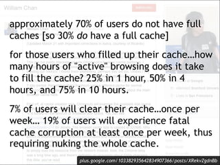 approximately 70% of users do not have full
caches [so 30% do have a full cache]
for those users who filled up their cache…how
many hours of "active" browsing does it take
to fill the cache? 25% in 1 hour, 50% in 4
hours, and 75% in 10 hours.
7% of users will clear their cache…once per
week… 19% of users will experience fatal
cache corruption at least once per week, thus
requiring nuking the whole cache.
               plus.google.com/103382935642834907366/posts/XRekvZgdnBb
 