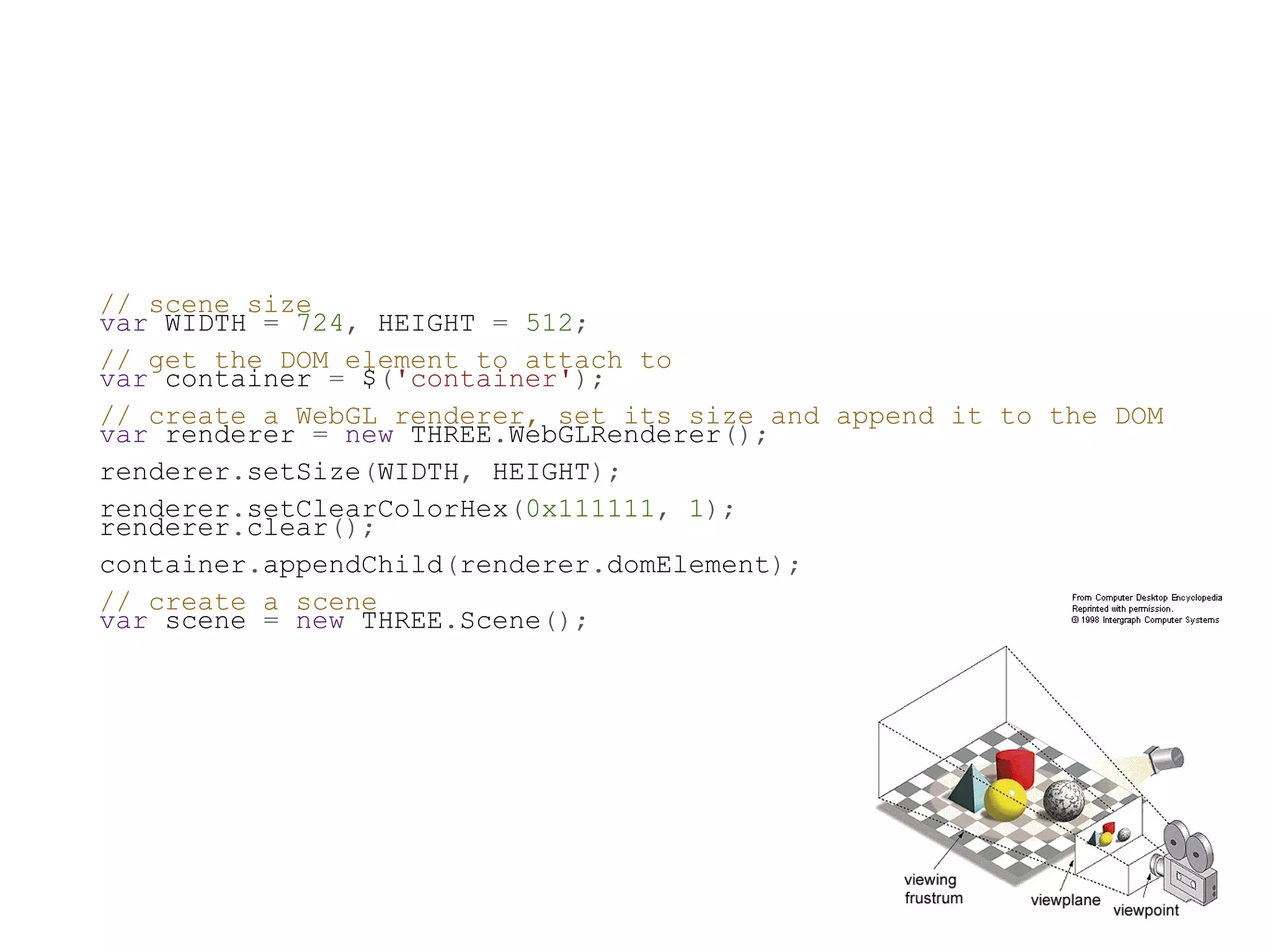 // scene size
var WIDTH = 724, HEIGHT = 512;
// get the DOM element to attach to
var container = $('container');
// create a WebGL renderer, set its size and append it to the DOM
var renderer = new THREE.WebGLRenderer();
renderer.setSize(WIDTH, HEIGHT);
renderer.setClearColorHex(0x111111, 1);
renderer.clear();
container.appendChild(renderer.domElement);
// create a scene
var scene = new THREE.Scene();
 