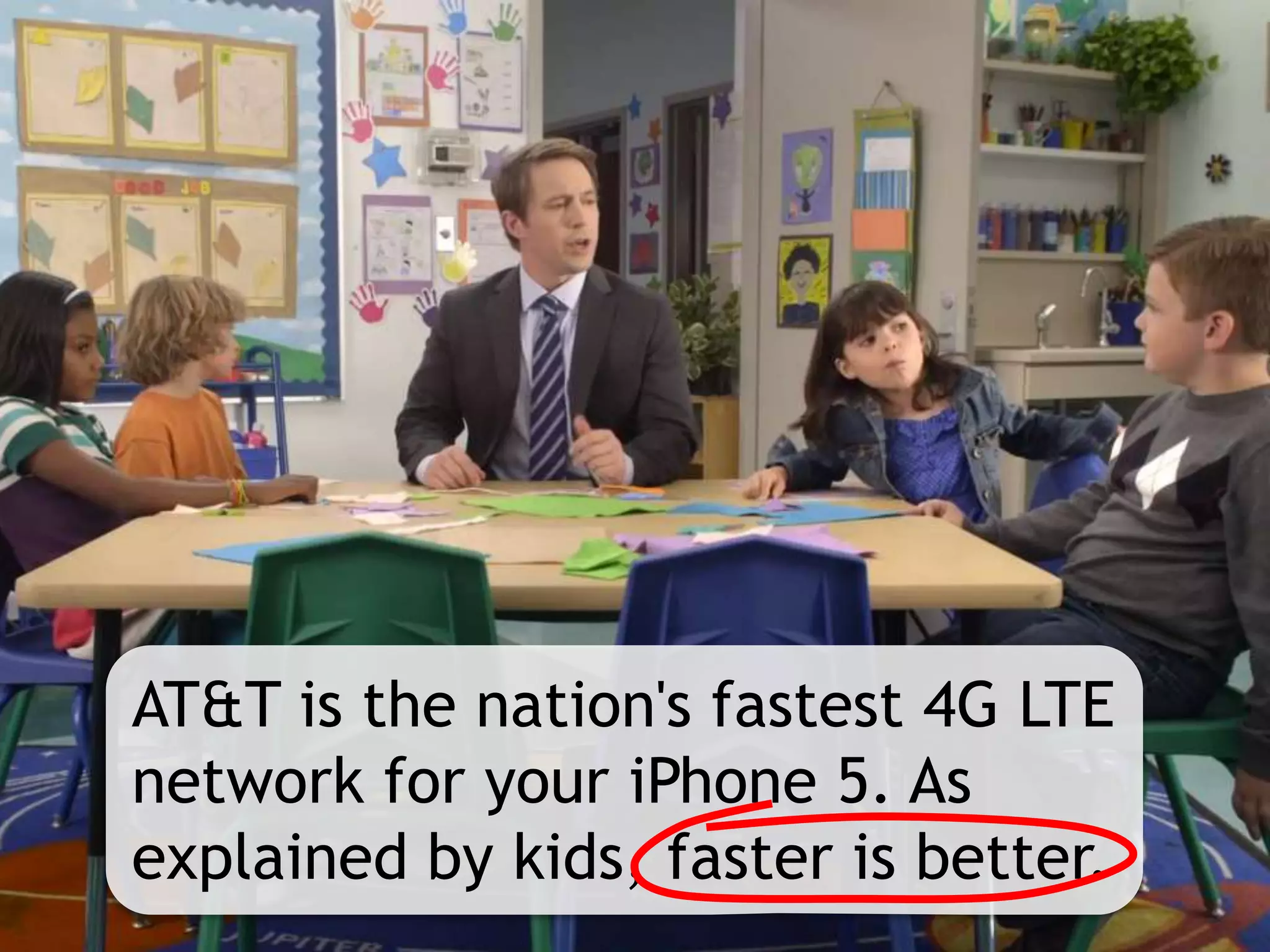 AT&T is the nation's fastest 4G LTE
network for your iPhone 5. As
explained by kids, faster is better.
 