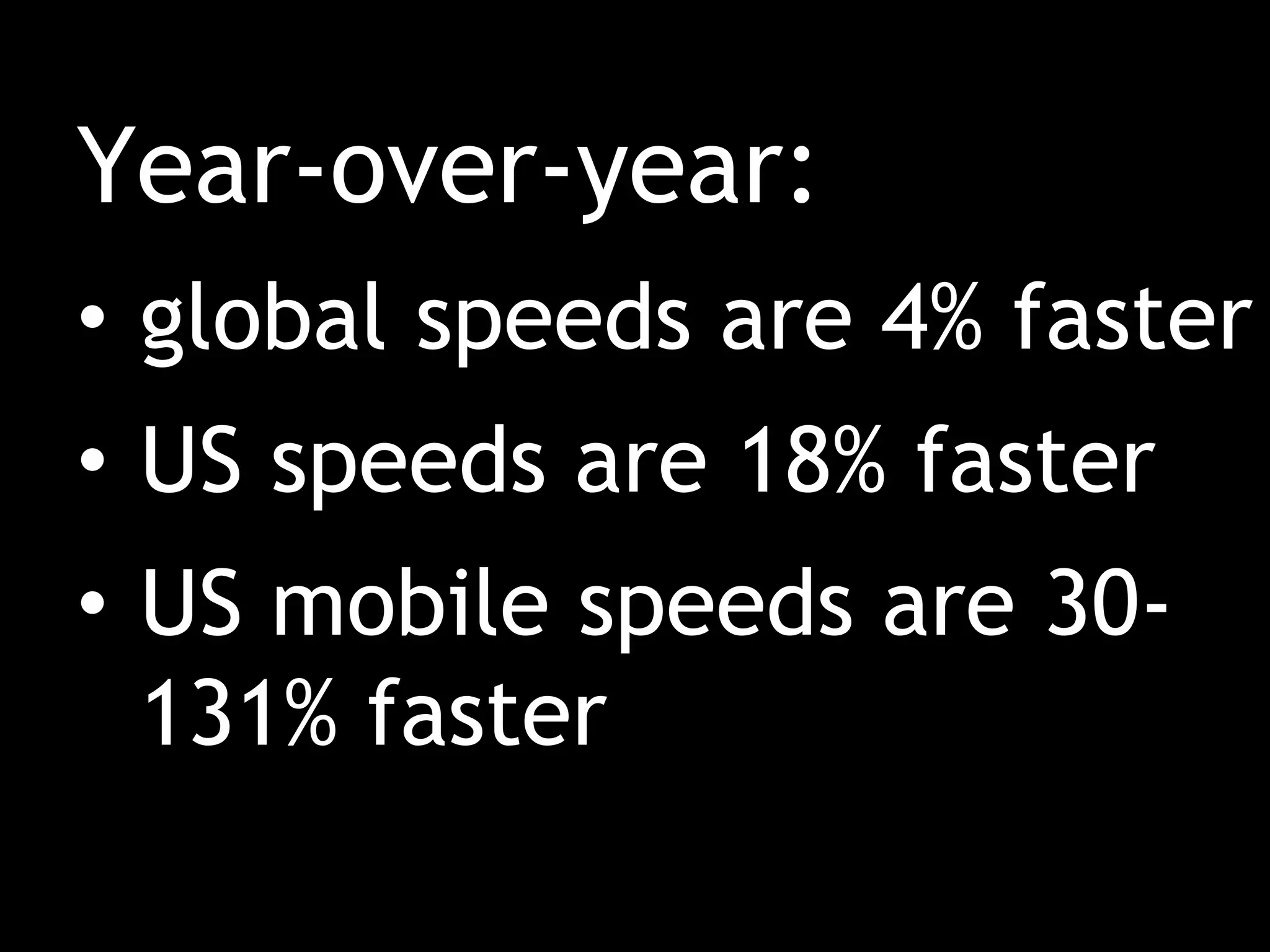 Year-over-year:
• global speeds are 4% faster
• US speeds are 18% faster
• US mobile speeds are 30-
  131% faster
 