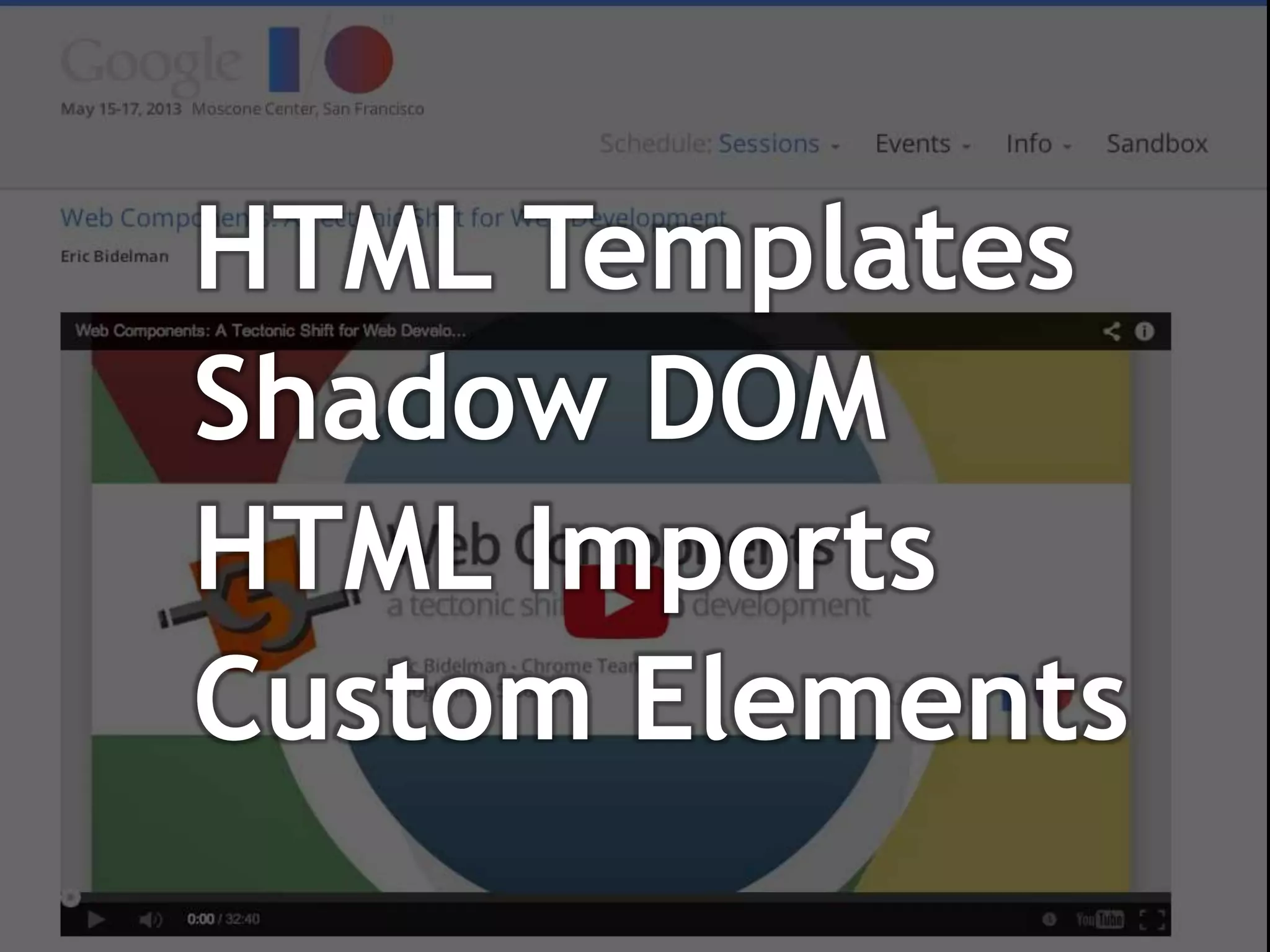 HTML Templates
Shadow DOM
HTML Imports
Custom Elements
 