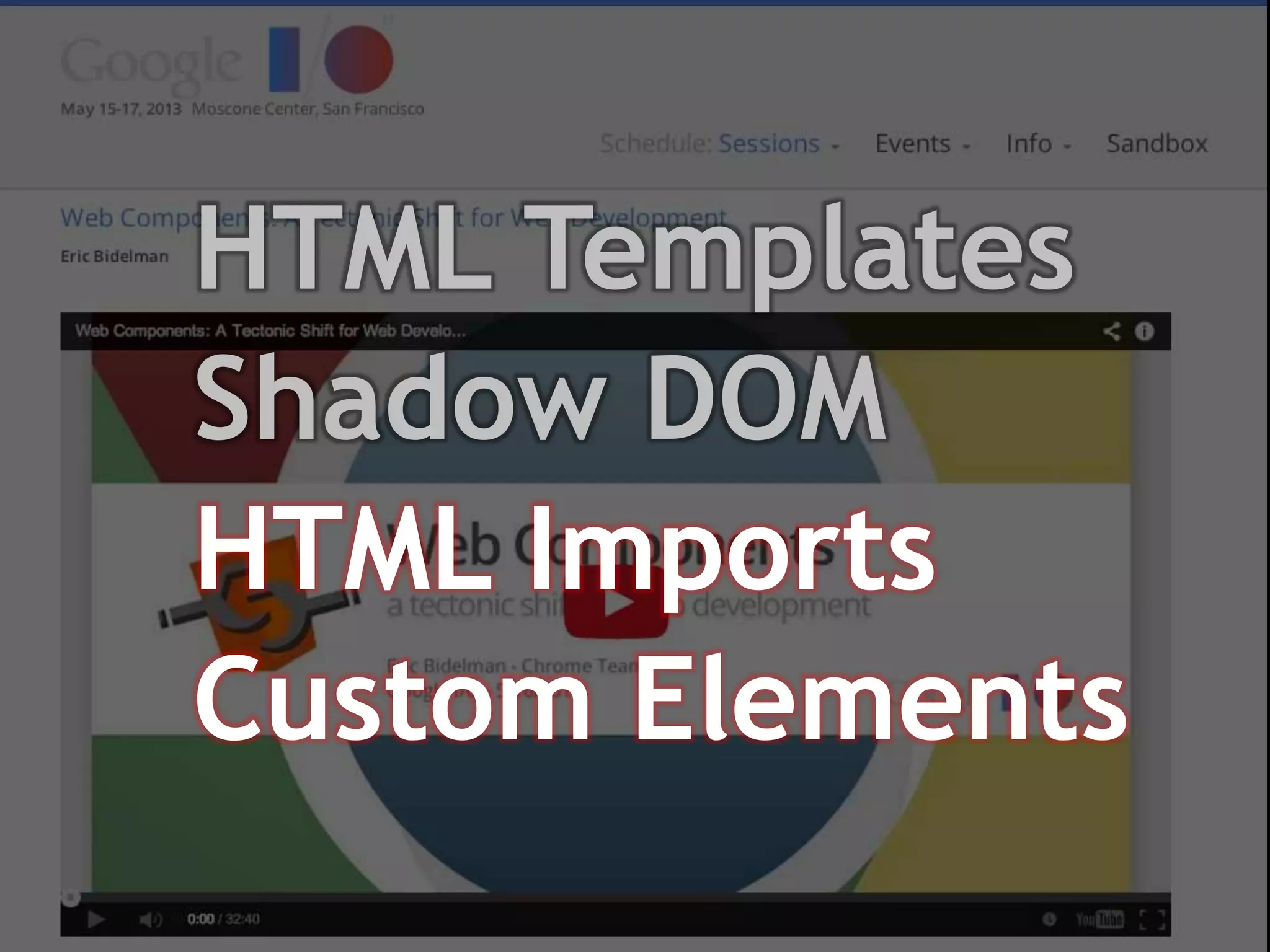 HTML Templates
Shadow DOM
HTML Imports
Custom Elements
 