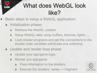 What does WebGL look
like?
• Basic steps to setup a WebGL application:
» Initialization phase:
» Retrieve the WebGL context.
» Setup WebGL data: array buffers, textures, lights, ...
» Load shader programs and get the connections to the
shader code variables (attributes and uniforms).

» Update and render loop phase:
» Update your app/game logic.

» Render you app/game.
» Pass information to the shaders.
» Execute the shaders: vertex -> fragment

 