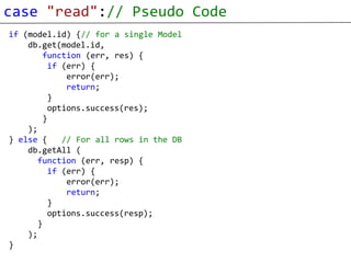 case "read":// Pseudo Code
if (model.id) {// for a single Model
    db.get(model.id,
        function (err, res) {
         if (err) {
             error(err);
             return;
         }
         options.success(res);
        }
    );
} else {    // For all rows in the DB
    db.getAll (
       function (err, resp) {
         if (err) {
             error(err);
             return;
         }
         options.success(resp);
       }
    );
}
 