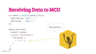 @girlie_mac
Receiving Data to MCU
var pubnub = require('pubnub').init({
subscribe_key: 'sub-c-...',
publish_key: 'pub-c-...'
});
pubnub.subscribe({
channel: 'remote-led',
callback: function(m) {
if(m.blink) {
// blink LED w/ Johnny-Five
}
}
});
led.pulse();
 