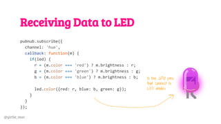 @girlie_mac
Receiving Data to LED
pubnub.subscribe({
channel: 'hue',
callback: function(m) {
if(led) {
r = (m.color === 'red') ? m.brightness : r;
g = (m.color === 'green') ? m.brightness : g;
b = (m.color === 'blue') ? m.brightness : b;
led.color({red: r, blue: b, green: g});
}
}
});
to the GPIO pins
that connect to
LED anodes
 