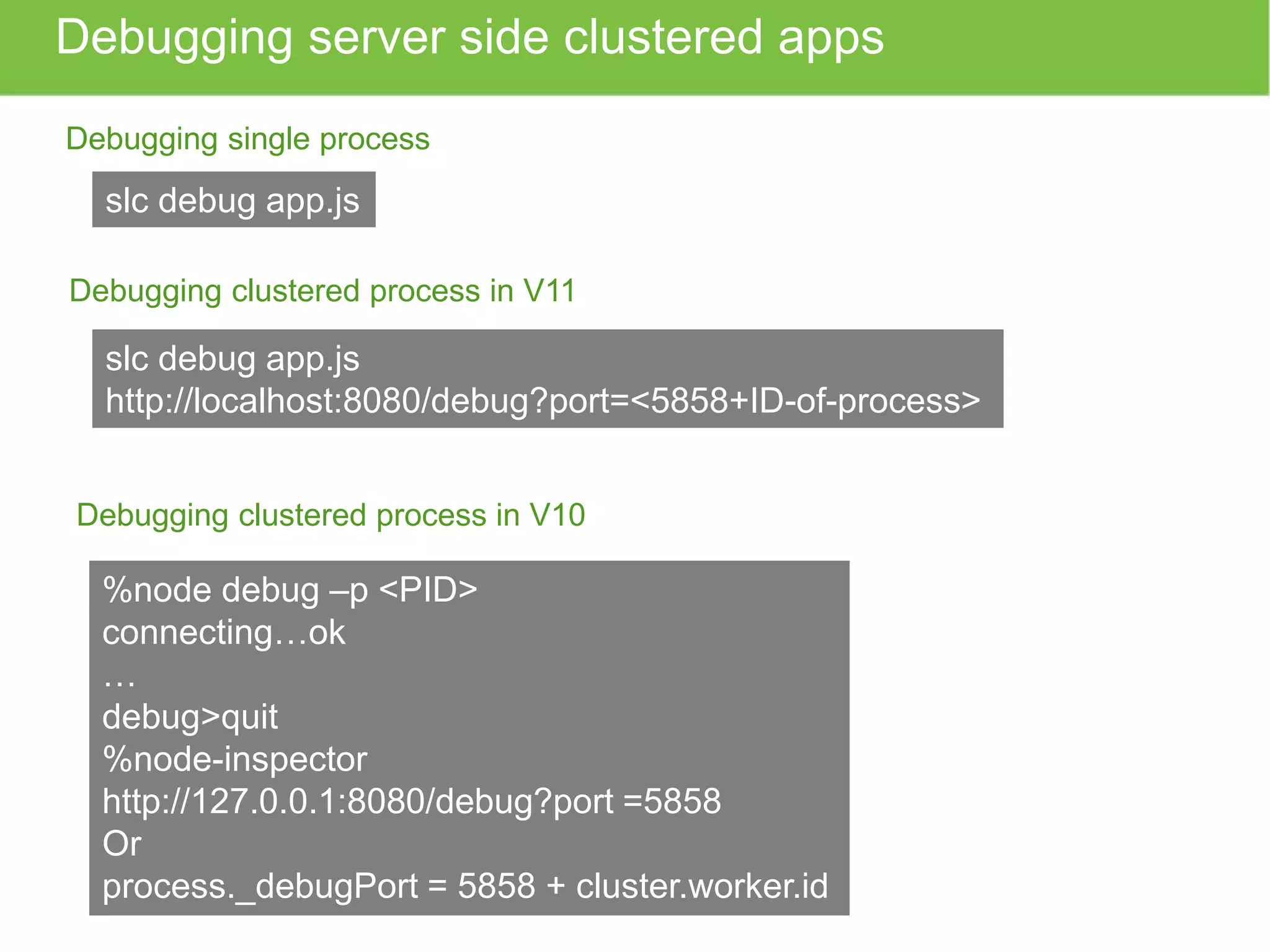 Debugging server side clustered apps Debugging single process slc debug app.js Debugging clustered process in V11 slc debug app.js http://localhost:8080/debug?port=<5858+ID-of-process> Debugging clustered process in V10 %node debug –p <PID> connecting…ok … debug>quit %node-inspector http://127.0.0.1:8080/debug?port =5858 Or process._debugPort = 5858 + cluster.worker.id 