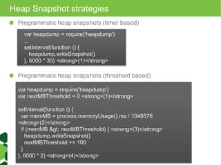 Heap Snapshot strategies 
Programmatic heap snapshots (timer based) 
var heapdump = require('heapdump') 
... 
setInterval(function () { 
heapdump.writeSnapshot() 
}, 6000 * 30) <strong>(1)</strong> 
Programmatic heap snapshots (threshold based) 
var heapdump = require('heapdump') 
var nextMBThreshold = 0 <strong>(1)</strong> 
setInterval(function () { 
var memMB = process.memoryUsage().rss / 1048576 
<strong>(2)</strong> 
if (memMB &gt; nextMBThreshold) { <strong>(3)</strong> 
heapdump.writeSnapshot() 
nextMBThreshold += 100 
} 
}, 6000 * 2) <strong>(4)</strong> 
 