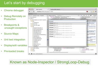 Let’s start by debugging 
• Chrome debugger 
• Debug Remotely on 
Production 
• Breakpoints & 
uncaught exceptions 
• Source Maps 
• Unit test integration 
• Display/edit variables 
• Pre-loaded breaks 
Known as Node-Inspector / StrongLoop-Debug 
 