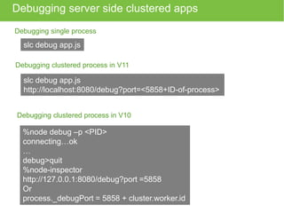 Debugging server side clustered apps 
Debugging single process 
slc debug app.js 
Debugging clustered process in V11 
slc debug app.js 
http://localhost:8080/debug?port=<5858+ID-of-process> 
Debugging clustered process in V10 
%node debug –p <PID> 
connecting…ok 
… 
debug>quit 
%node-inspector 
http://127.0.0.1:8080/debug?port =5858 
Or 
process._debugPort = 5858 + cluster.worker.id 
 