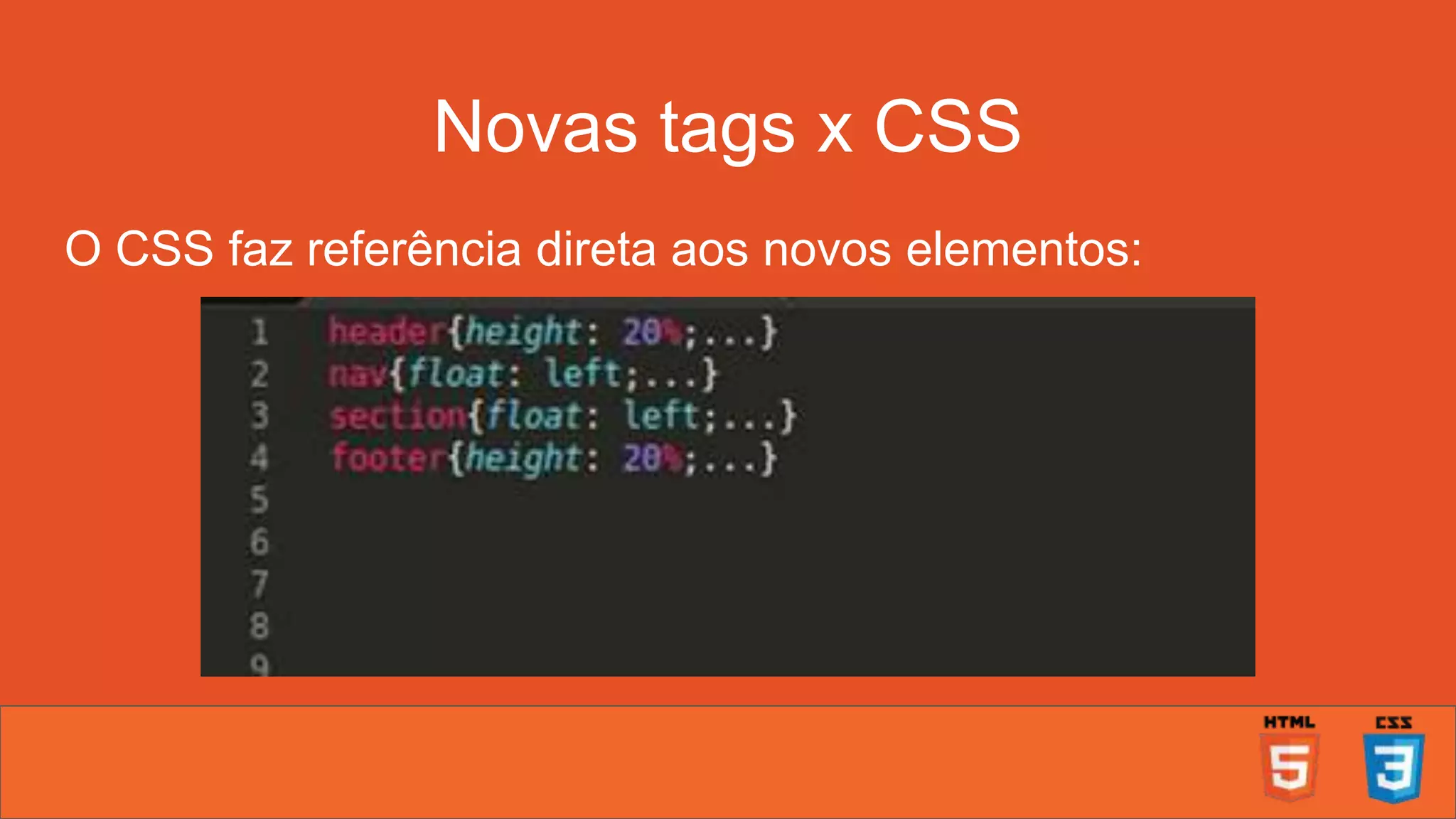 Novas tags x CSS O CSS faz referência direta aos novos elementos: 