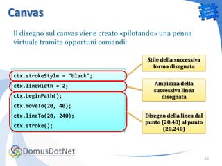 Canvas
Il disegno sul canvas viene creato «pilotando» una penna
virtuale tramite opportuni comandi:

                                          Stile della successiva
                                            forma disegnata
ctx.strokeStyle = "black";
ctx.lineWidth = 2;                          Ampiezza della
                                            successiva linea
ctx.beginPath();                               disegnata
ctx.moveTo(20, 40);
ctx.lineTo(20, 240);                     Disegno della linea dal
                                         punto (20,40) al punto
ctx.stroke();
                                                (20,240)




                                                                   23
 
