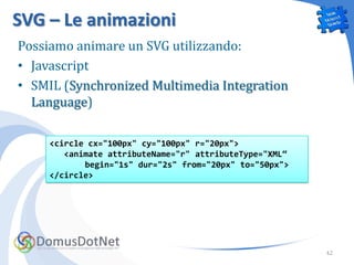 SVG – Le animazioni
Possiamo animare un SVG utilizzando:
• Javascript
• SMIL (Synchronized Multimedia Integration
  Language)

     <circle cx="100px" cy="100px" r="20px">
        <animate attributeName="r" attributeType="XML“
            begin="1s" dur="2s" from="20px" to="50px">
     </circle>




                                                         42
 
