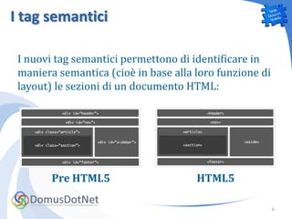I tag semantici

 I nuovi tag semantici permettono di identificare in
 maniera semantica (cioè in base alla loro funzione di
 layout) le sezioni di un documento HTML:




        Pre HTML5                     HTML5

                                                         6
 