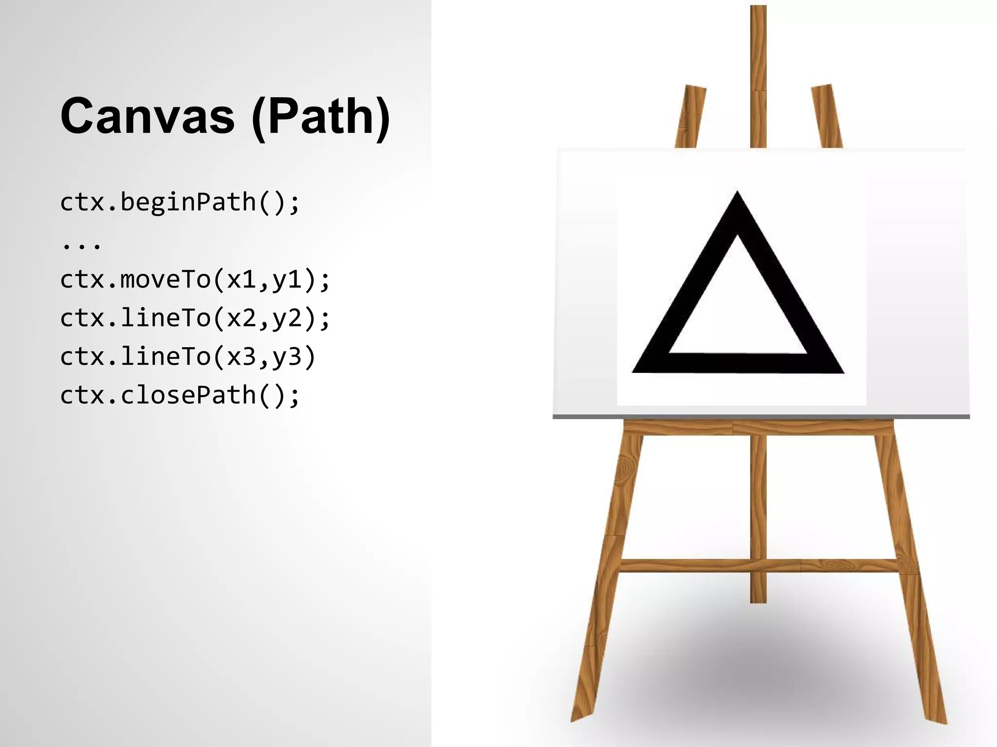 Canvas (Path)
ctx.beginPath();
...
ctx.moveTo(x1,y1);
ctx.lineTo(x2,y2);
ctx.lineTo(x3,y3)
ctx.closePath();
 