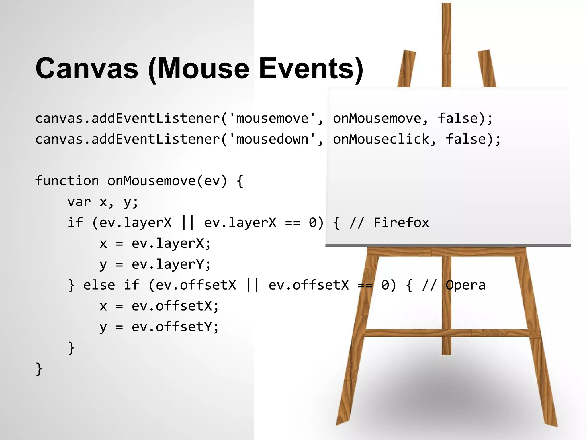 Canvas (Mouse Events)
canvas.addEventListener('mousemove', onMousemove, false);
canvas.addEventListener('mousedown', onMouseclick, false);

function onMousemove(ev) {
    var x, y;
    if (ev.layerX || ev.layerX == 0) { // Firefox
        x = ev.layerX;
        y = ev.layerY;
    } else if (ev.offsetX || ev.offsetX == 0) { // Opera
        x = ev.offsetX;
        y = ev.offsetY;
    }
}
 