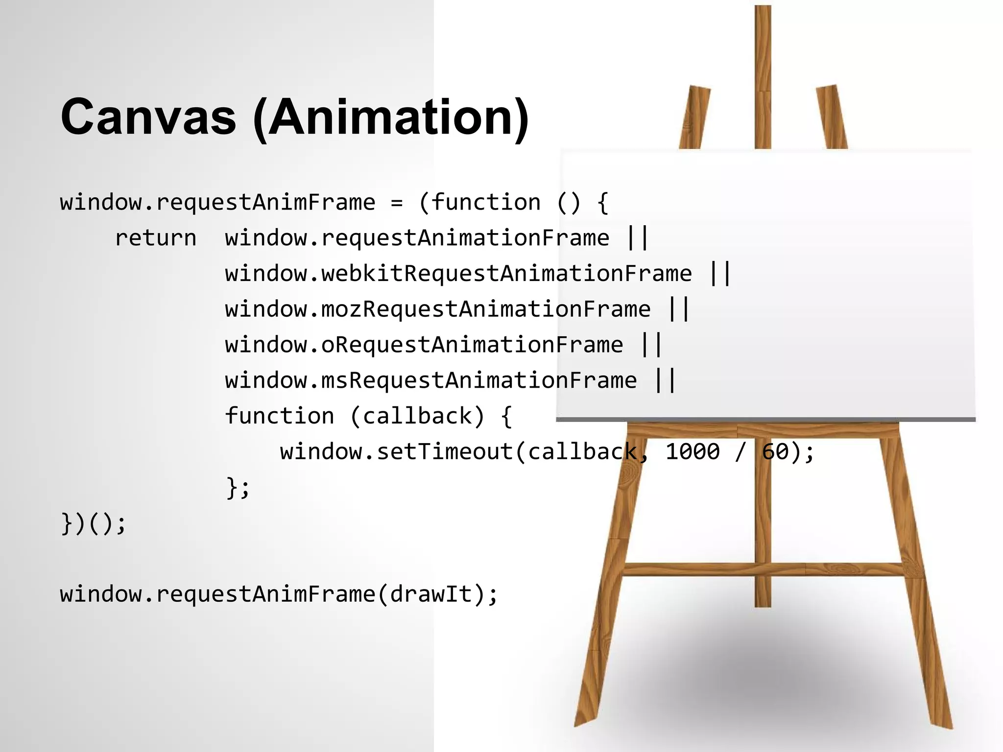 Canvas (Animation)
window.requestAnimFrame = (function () {
    return window.requestAnimationFrame ||
            window.webkitRequestAnimationFrame ||
            window.mozRequestAnimationFrame ||
            window.oRequestAnimationFrame ||
            window.msRequestAnimationFrame ||
            function (callback) {
                window.setTimeout(callback, 1000 / 60);
            };
})();

window.requestAnimFrame(drawIt);
 