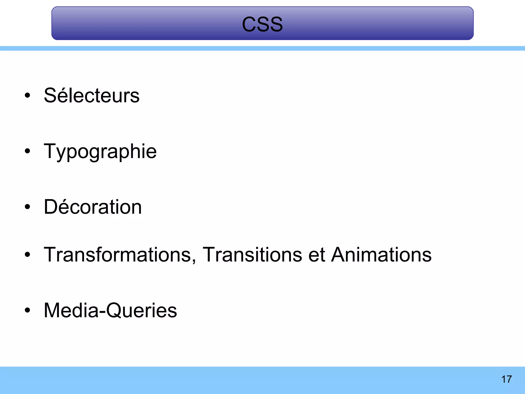 Sélecteurs Typographie Décoration Transformations, Transitions et Animations Media-Queries CSS 
