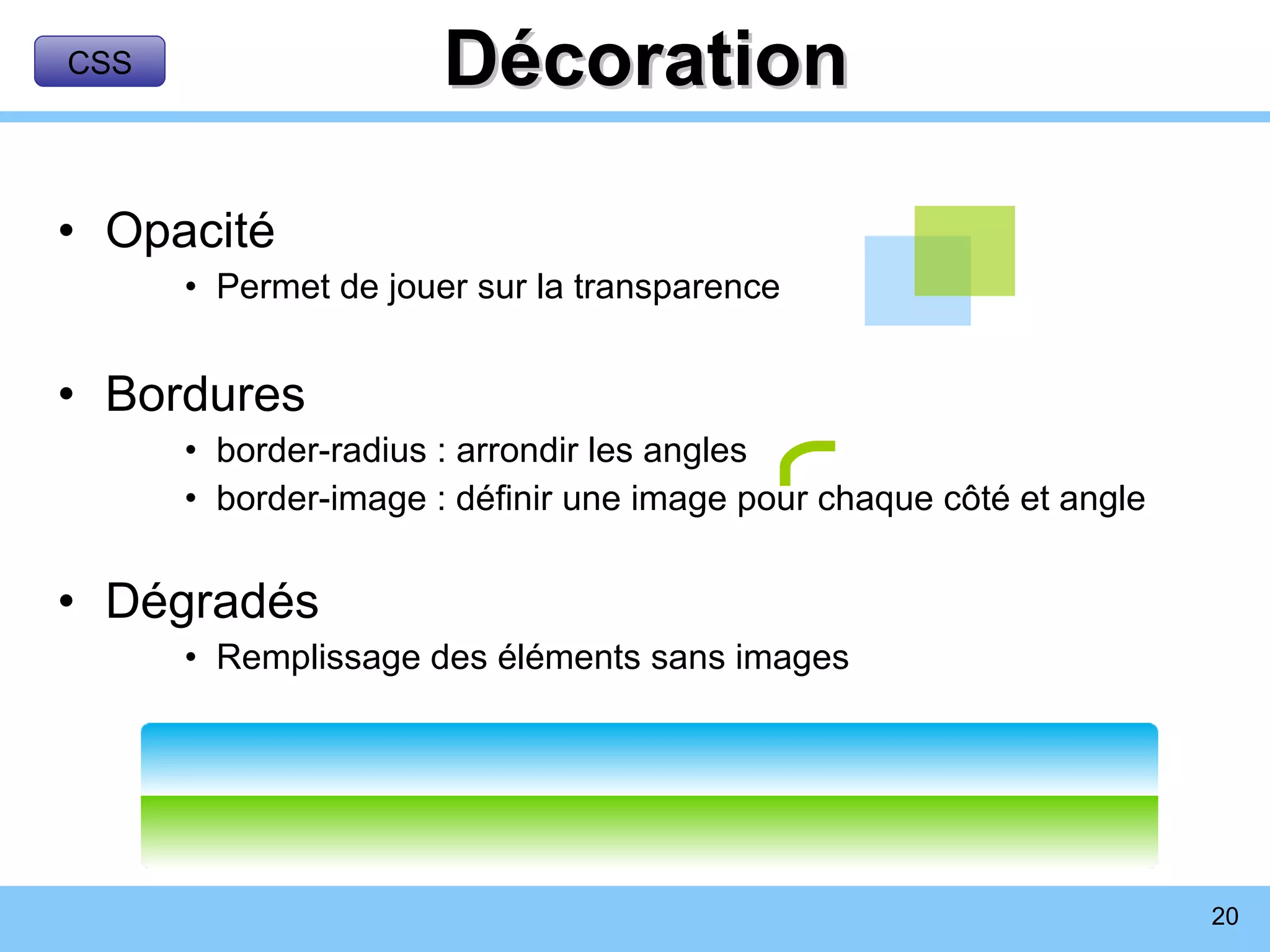 Décoration Opacité Permet de jouer sur la transparence Bordures border-radius : arrondir les angles border-image : définir une image pour chaque côté et angle Dégradés Remplissage des éléments sans images CSS 