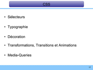 Sélecteurs Typographie Décoration Transformations, Transitions et Animations Media-Queries CSS 
