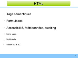 Tags sémantiques Formulaires Accessibilité, Métadonnées, Auditing Liens typés Multimédia Dessin 2D & 3D HTML 