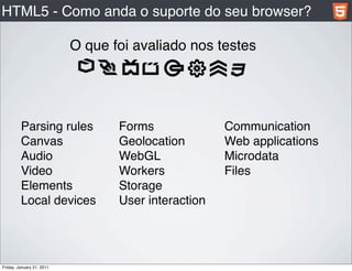 HTML5 - Como anda o suporte do seu browser?

                           O que foi avaliado nos testes




         Parsing rules            Forms              Communication
         Canvas                   Geolocation        Web applications
         Audio                    WebGL              Microdata
         Video                    Workers            Files
         Elements                 Storage
         Local devices            User interaction




Friday, January 21, 2011
 