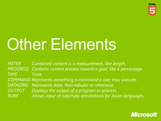 METER    Contained content is a measurement, like length.
PROGRESS Contains current process toward a goal, like a percentage.
TIME     Time.
COMMAND Represents something a command a user may execute.
DATAGRID Represents data. Non-tabular or otherwise.
OUTPUT   Displays the output of a program or process.
RUBY     Allows input of rubi/ruby annotations for Asian languages.
 
