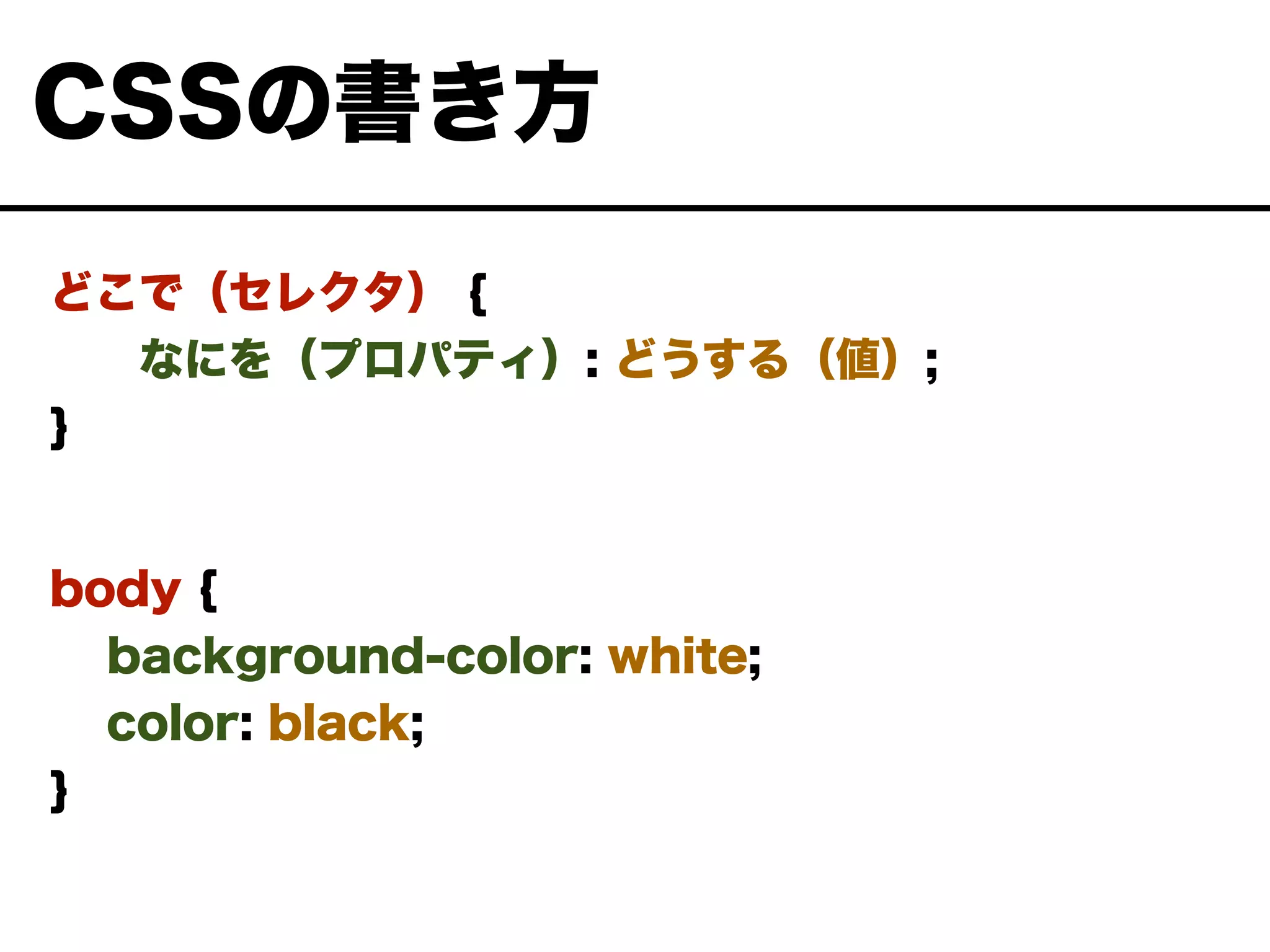 body {
background-color: white;
color: black;
}
CSSの書き方
どこで（セレクタ） {
  なにを（プロパティ）: どうする（値）; 
}
 