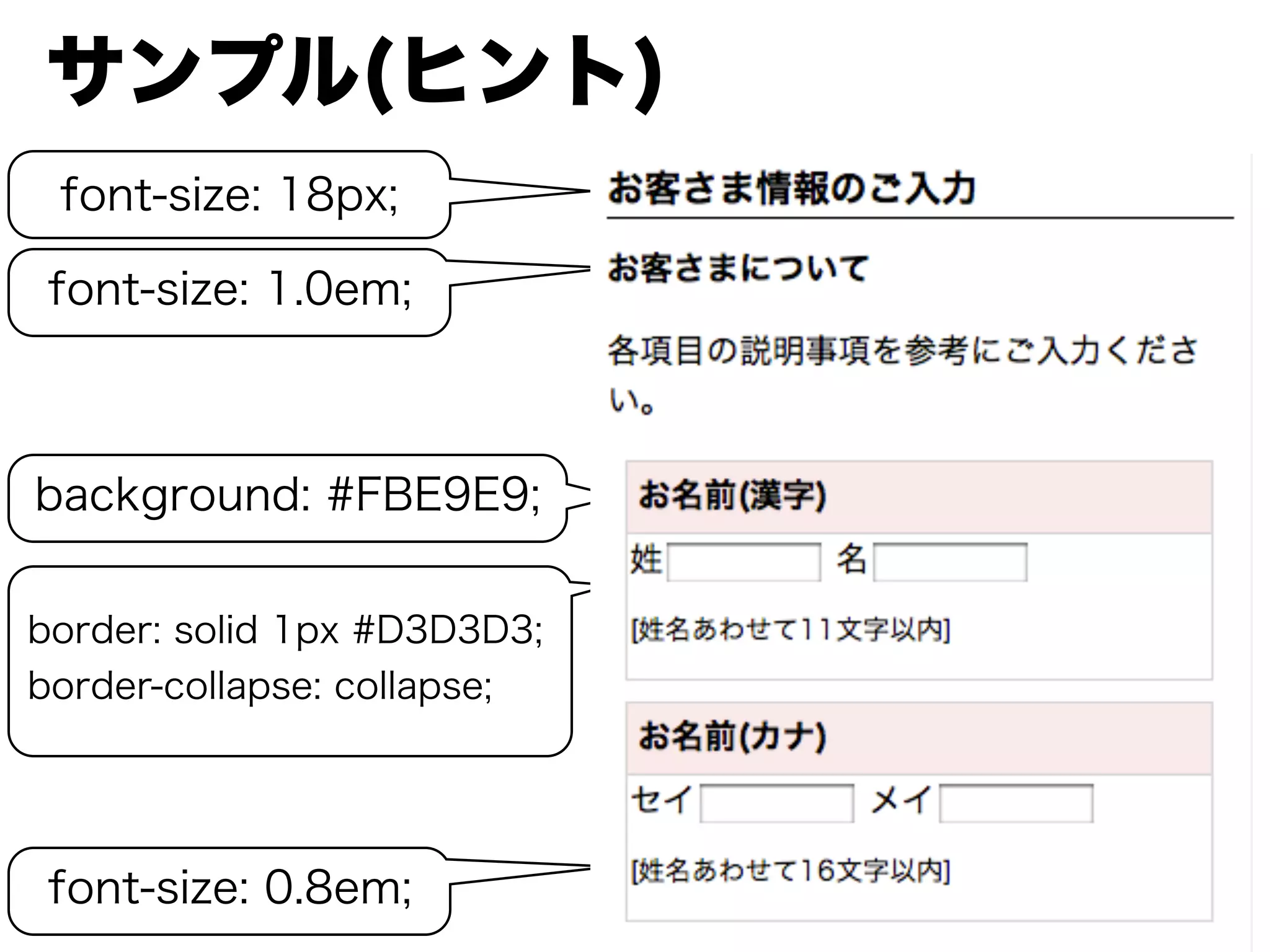 サンプル(ヒント)
font-size: 18px;
font-size: 1.0em;
border: solid 1px #D3D3D3;
border-collapse: collapse;
background: #FBE9E9;
font-size: 0.8em;
 
