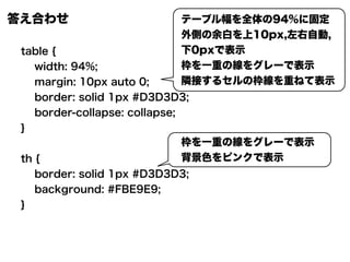 答え合わせ
table {
width: 94%;
margin: 10px auto 0;
border: solid 1px #D3D3D3;
border-collapse: collapse;
}
th {
border: solid 1px #D3D3D3;
background: #FBE9E9;
}
テーブル幅を全体の94%に固定
外側の余白を上10px,左右自動,
下0pxで表示
枠を一重の線をグレーで表示
隣接するセルの枠線を重ねて表示
枠を一重の線をグレーで表示
背景色をピンクで表示
 