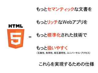 もっとセマンティックな文書を
もっとリッチなWebアプリを
もっと標準化された技術で
もっと扱いやすく
（互換性, 有用性, 相互運用性, ユニバーサル・アクセス）
これらを実現するための仕様
=
 
