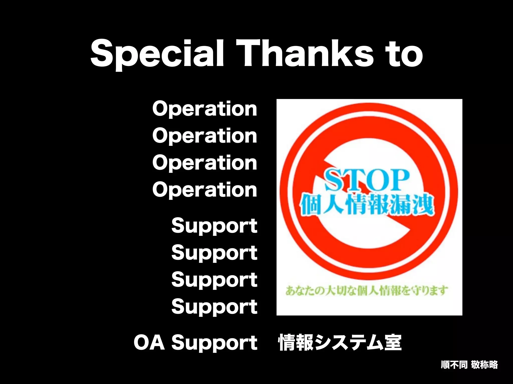 Special Thanks to
Operation
Operation
Operation
Operation
Support
Support
Support
Support
OA Support 情報システム室
順不同 敬称略
 