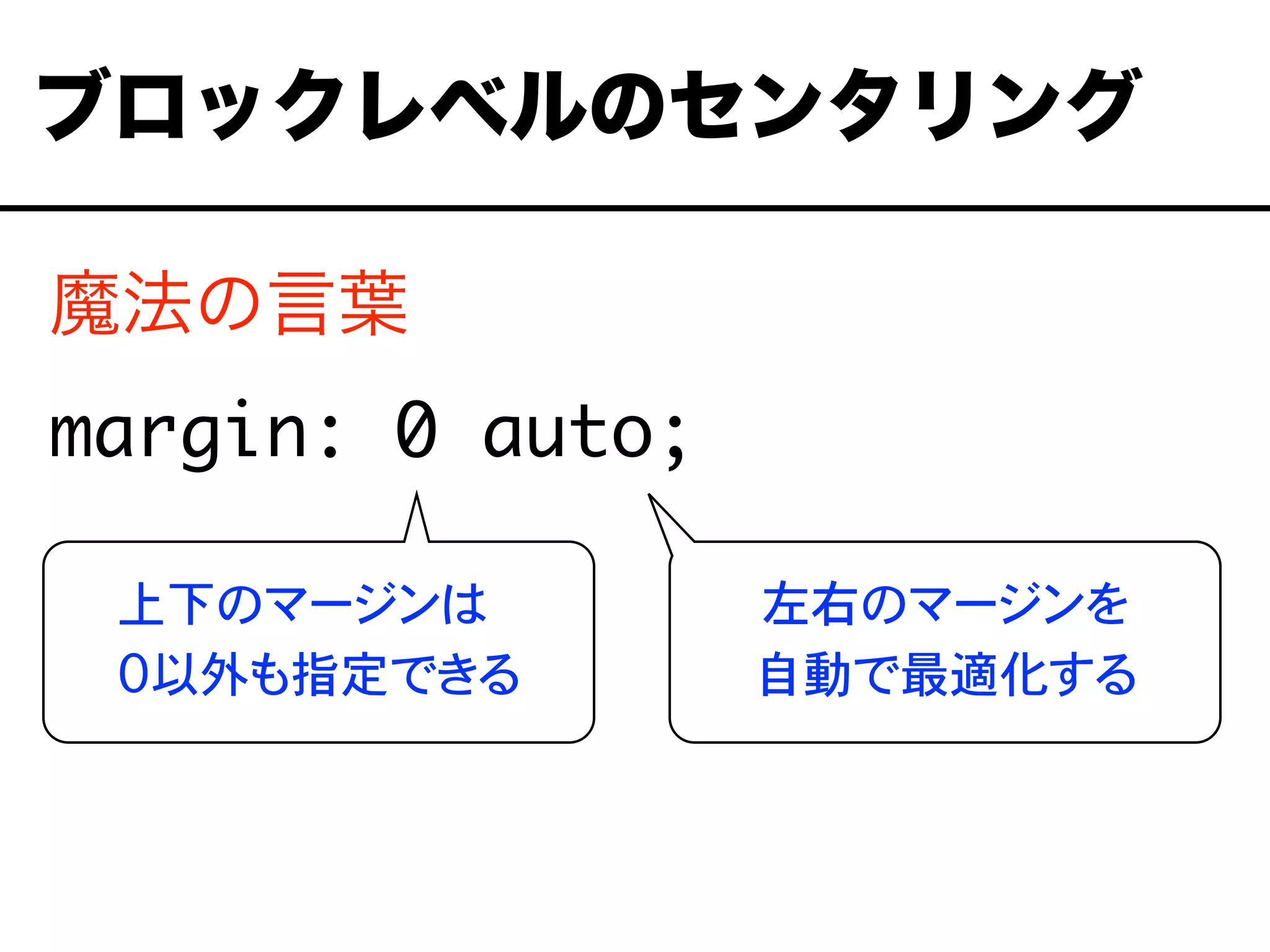 魔法の言葉
margin: 0 auto;
ブロックレベルのセンタリング
左右のマージンを
自動で最適化する
上下のマージンは、
0以外も指定できる
 