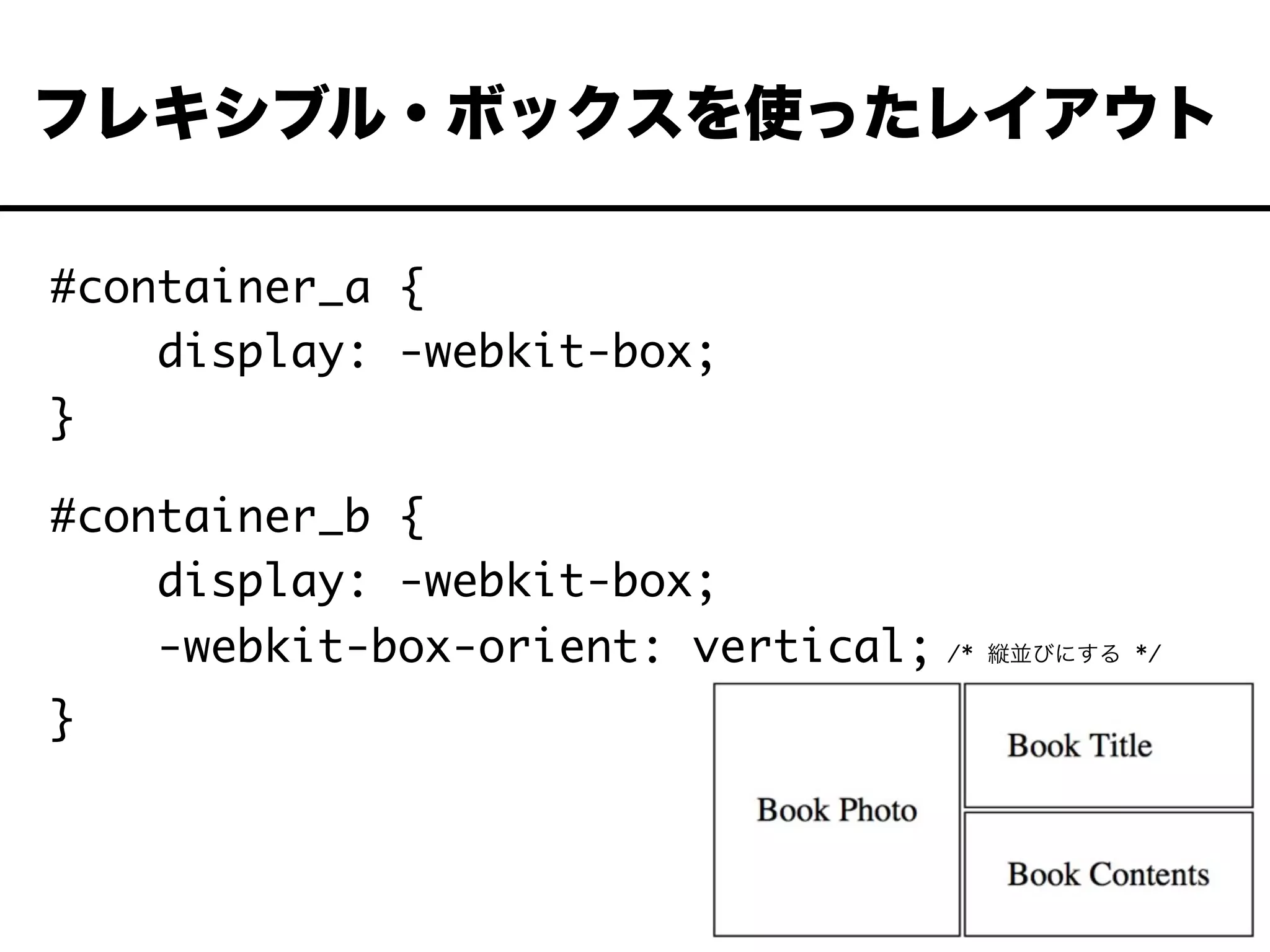 #container_a {
display: -webkit-box;
}
#container_b {
display: -webkit-box;
-webkit-box-orient: vertical; /* 縦並びにする */
}
フレキシブル・ボックスを使ったレイアウト
 