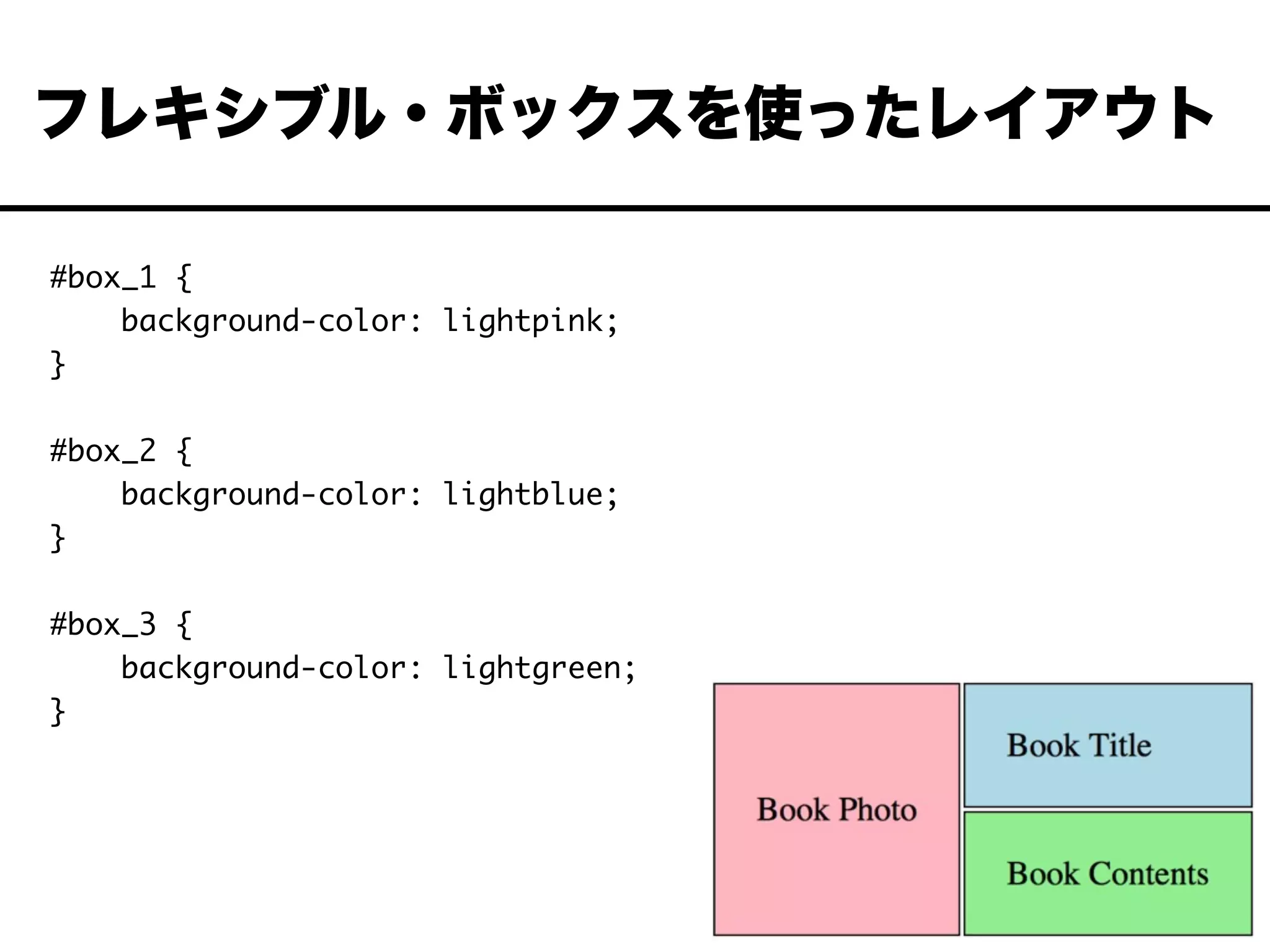 #box_1 {
background-color: lightpink;
}
#box_2 {
background-color: lightblue;
}
#box_3 {
background-color: lightgreen;
}
フレキシブル・ボックスを使ったレイアウト
 