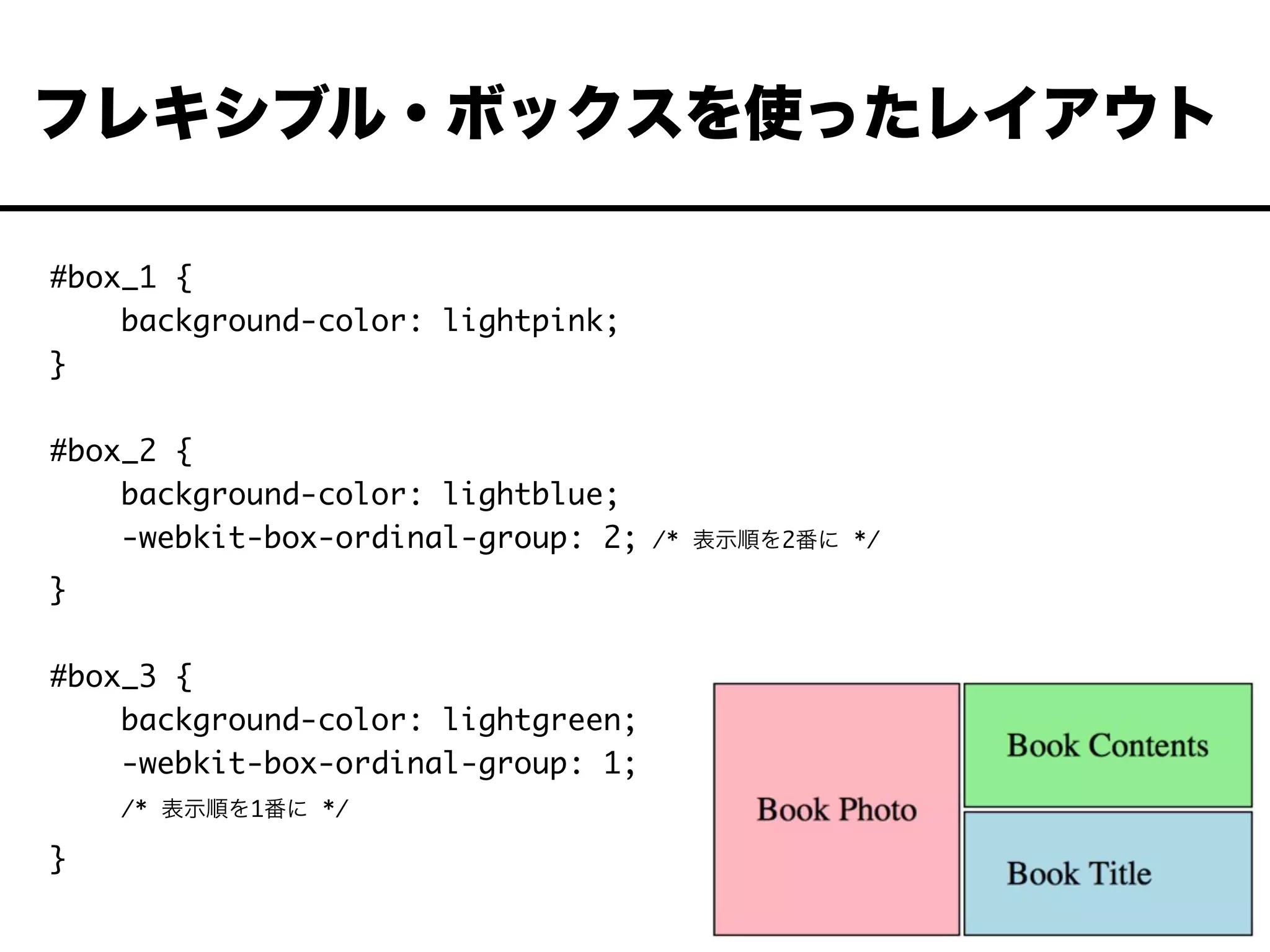 #box_1 {
background-color: lightpink;
}
#box_2 {
background-color: lightblue;
-webkit-box-ordinal-group: 2; /* 表示順を2番に */
}
#box_3 {
background-color: lightgreen;
-webkit-box-ordinal-group: 1;
/* 表示順を1番に */
}
フレキシブル・ボックスを使ったレイアウト
 