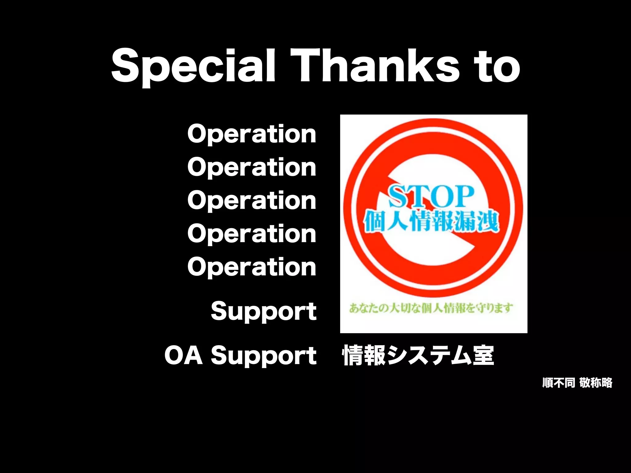 Special Thanks to
Operation
Operation
Operation
Operation
Operation
Support
OA Support 情報システム室
順不同 敬称略
 
