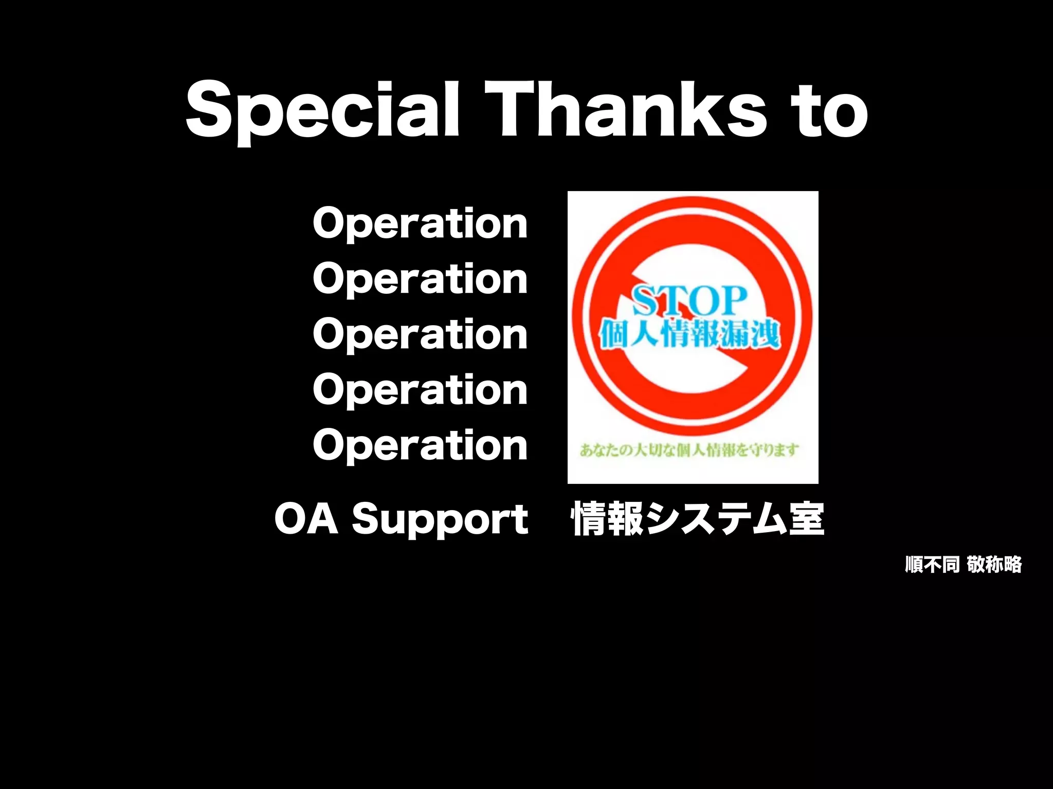 Special Thanks to
Operation
Operation
Operation
Operation
Operation
OA Support 情報システム室
順不同 敬称略
 