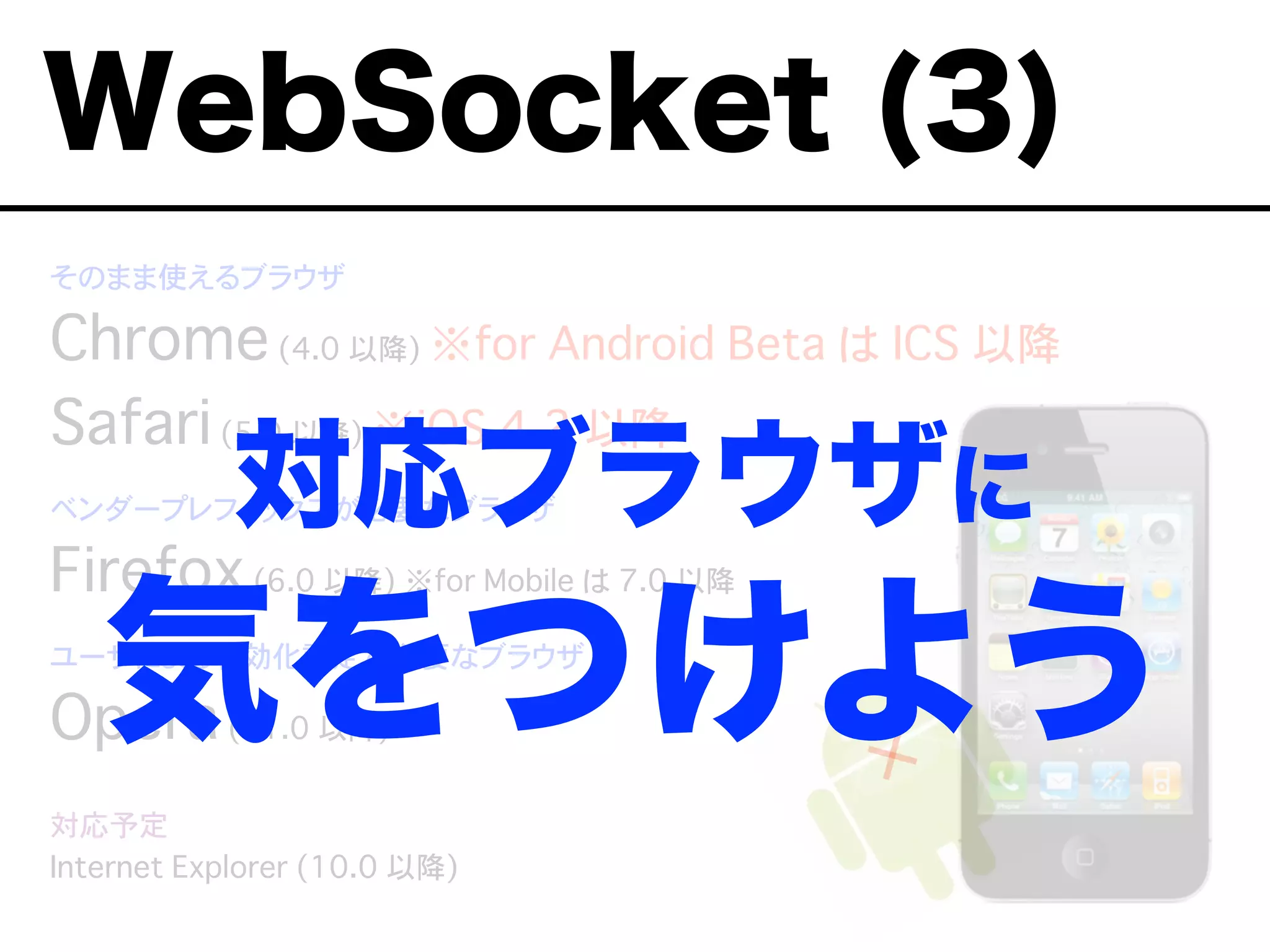 そのまま使えるブラウザ
Chrome(4.0 以降) ※for Android Beta は ICS 以降
Safari(5.0 以降) ※iOS 4.2 以降
ベンダープレフィックスが必要なブラウザ
Firefox(6.0 以降) ※for Mobile は 7.0 以降
ユーザによる有効化設定が必要なブラウザ
Opera(11.0 以降)
対応予定
Internet Explorer (10.0 以降)
WebSocket (3)
対応ブラウザに
気をつけよう
 
