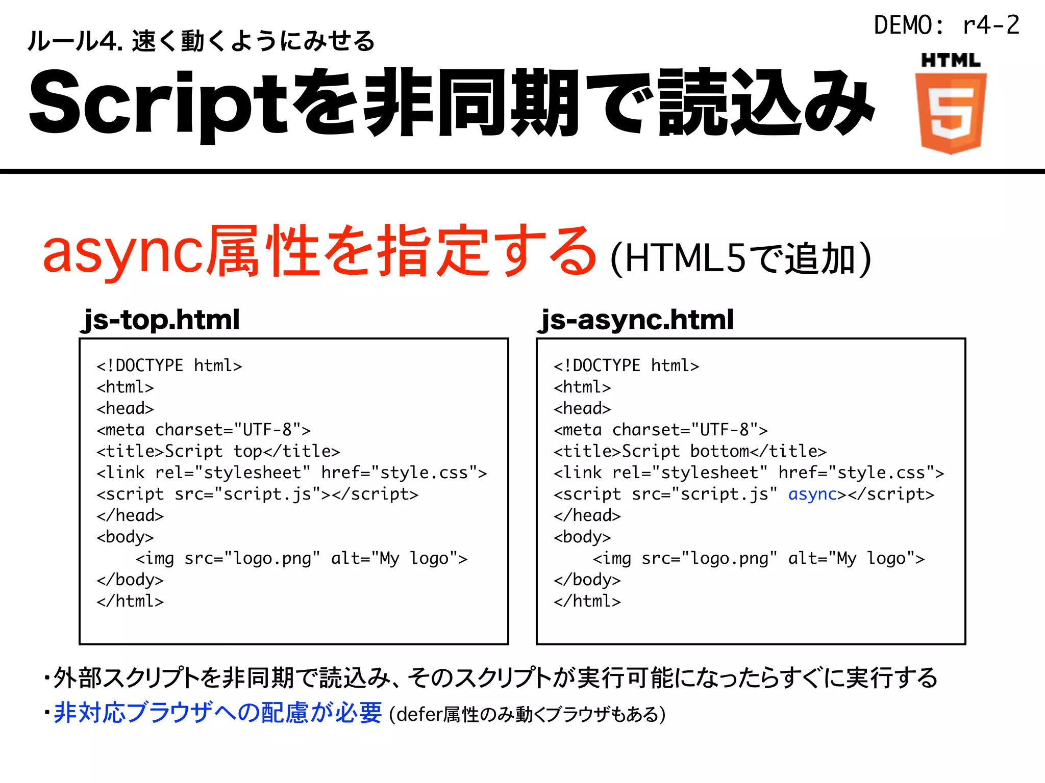 async属性を指定する (HTML5で追加)
・外部スクリプトを非同期で読込み、そのスクリプトが実行可能になったらすぐに実行する
・非対応ブラウザへの配慮が必要 (defer属性のみ動くブラウザもある)
 ルール4. 速く動くようにみせる
 Scriptを非同期で読込み
<!DOCTYPE html>
<html>
<head>
<meta charset="UTF-8">
<title>Script top</title>
<link rel="stylesheet" href="style.css">
<script src="script.js"></script>
</head>
<body>
<img src="logo.png" alt="My logo">
</body>
</html>
<!DOCTYPE html>
<html>
<head>
<meta charset="UTF-8">
<title>Script bottom</title>
<link rel="stylesheet" href="style.css">
<script src="script.js" async></script>
</head>
<body>
<img src="logo.png" alt="My logo">
</body>
</html>
js-top.html js-async.html
DEMO: r4-2
 