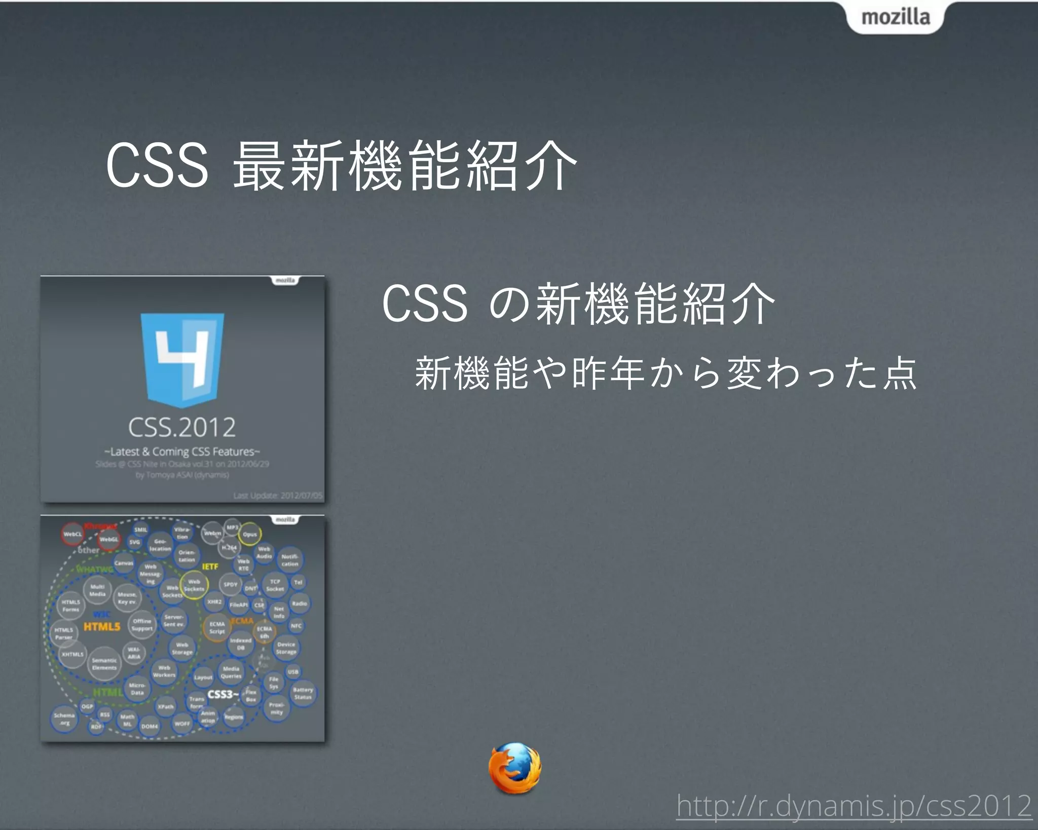 CSS 最新機能紹介

     CSS の新機能紹介
      新機能や昨年から変わった点




             http://r.dynamis.jp/css2012
 